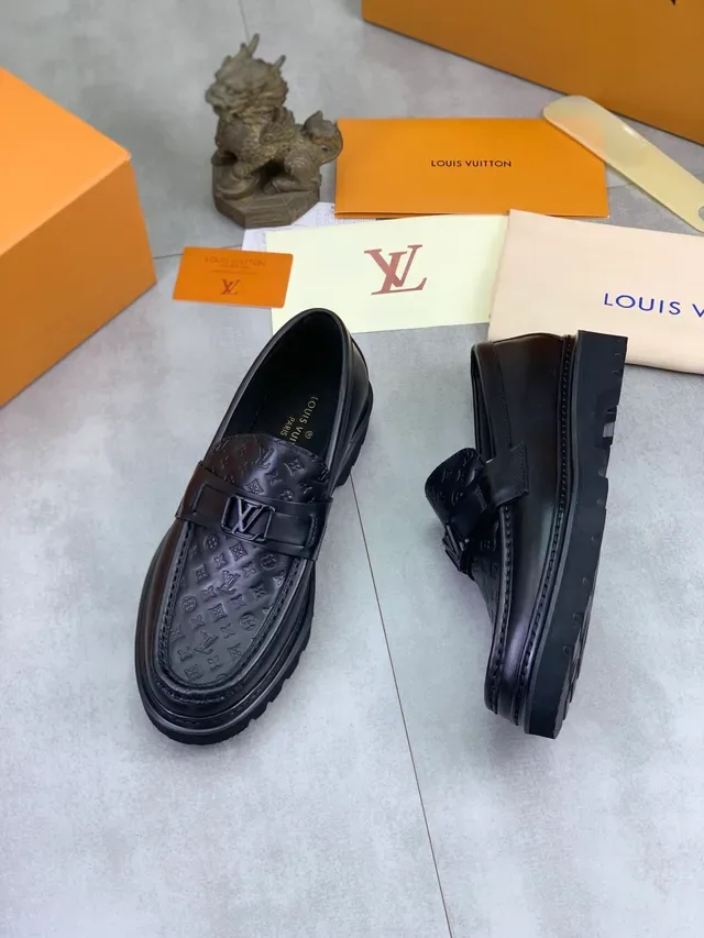 Louis Vuitton Black Monogram-Embossed Leather LV Buckle Strap Loafer 2