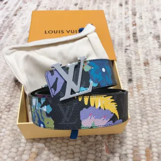 Louis Vuitton Black Multicolor Floral-Print Oversized Silver LV Buckle Leather Belt