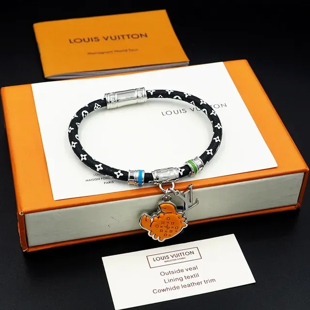 Louis Vuitton Black Orange Monogrammed Braided Cord Enamel Crab Charm Bracelet 7