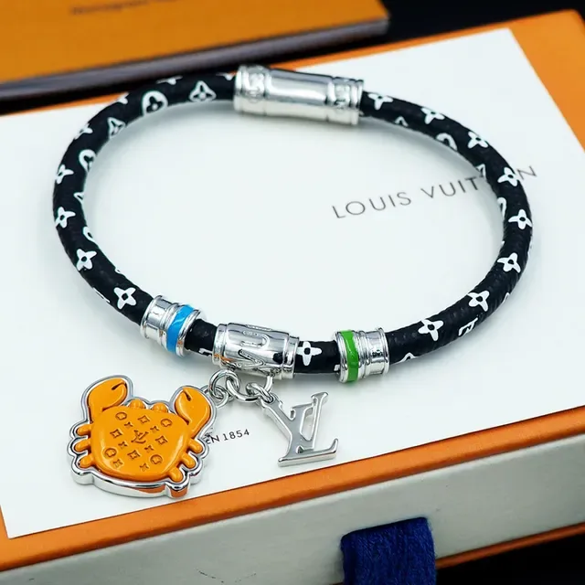 Louis Vuitton Black Orange Monogrammed Braided Cord Enamel Crab Charm Bracelet 13