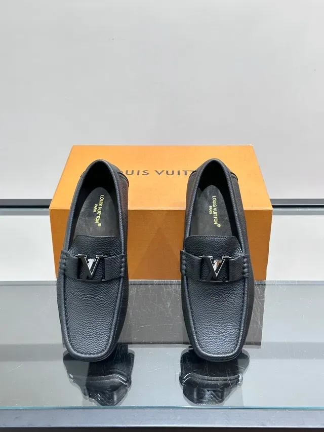 Louis Vuitton Black Pebbled Leather Metallic LV Buckle Loafer 4
