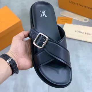 Louis Vuitton काला चांदी चमड़े की क्रॉस स्ट्रैप स्लिपर्स
