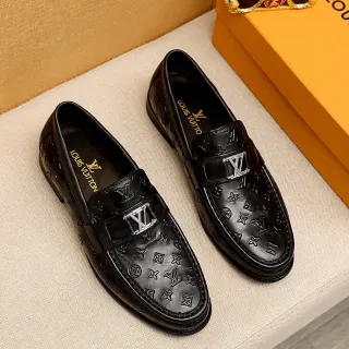 Louis Vuitton Black Silver Monogram-Embossed Leather Metal LV Buckle Strap Loafer