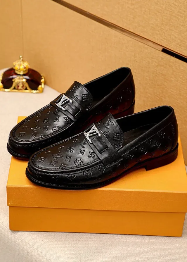 Louis Vuitton Black Silver Monogram-Embossed Leather Metal LV Buckle Strap Loafer 2