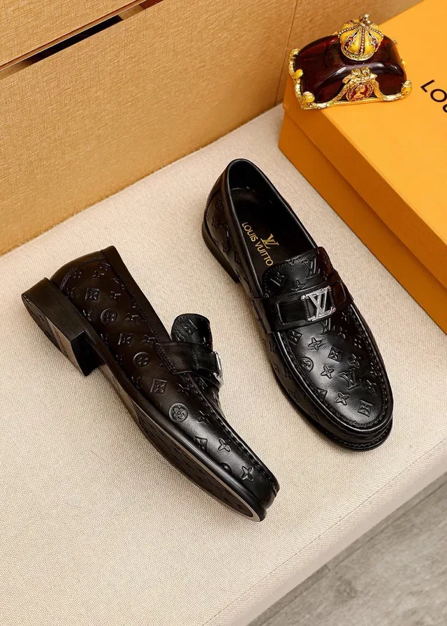 Louis Vuitton Black Silver Monogram-Embossed Leather Metal LV Buckle Strap Loafer 3