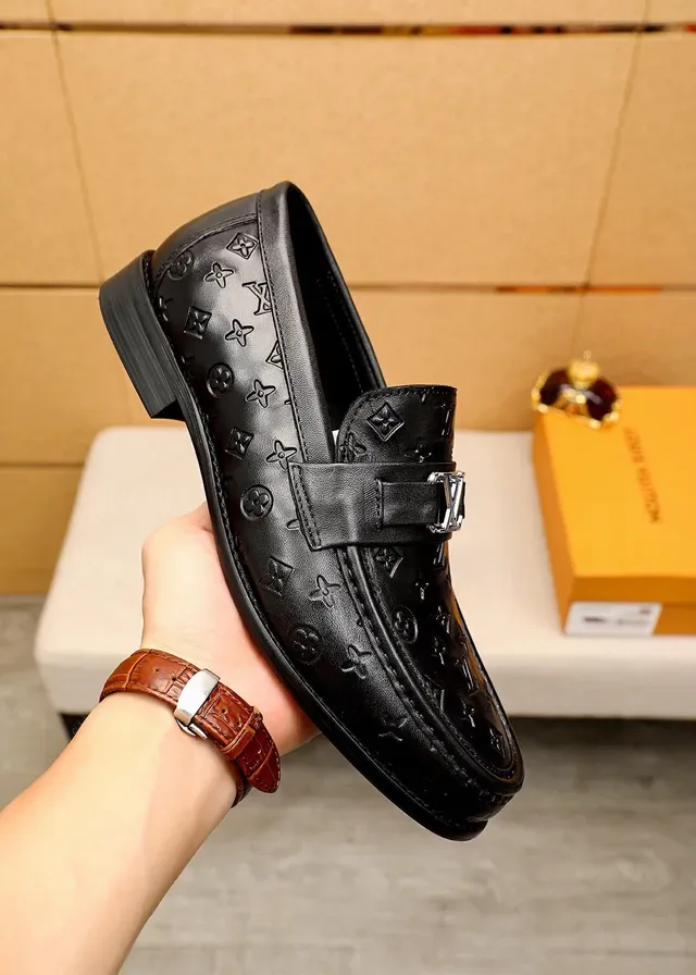 Louis Vuitton Black Silver Monogram-Embossed Leather Metal LV Buckle Strap Loafer 4