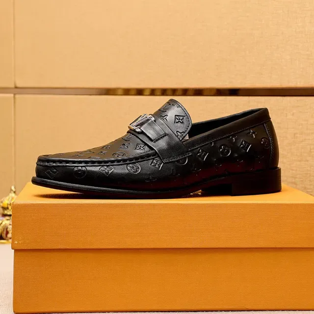 Louis Vuitton Black Silver Monogram-Embossed Leather Metal LV Buckle Strap Loafer 5