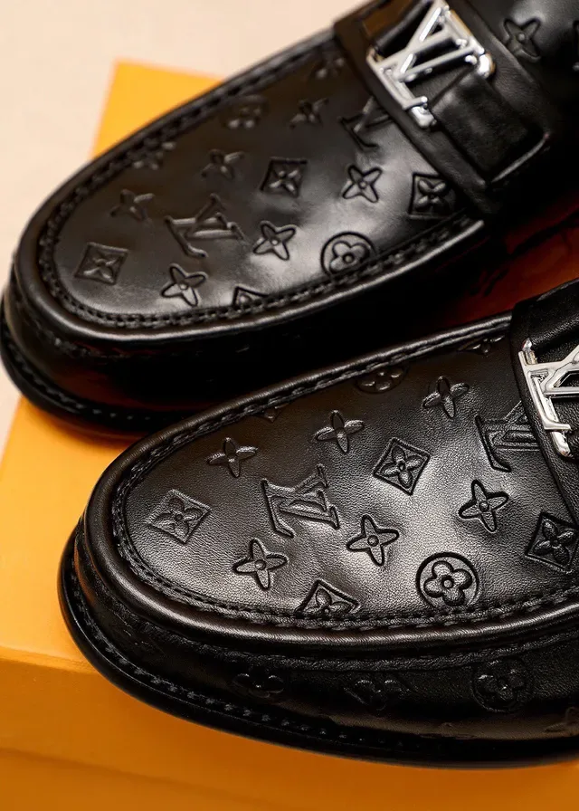 Louis Vuitton Black Silver Monogram-Embossed Leather Metal LV Buckle Strap Loafer 8