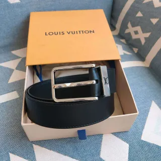 Louis Vuitton Black Silver Polished Rectangular Buckle LV Monogram-Engraved Side Plate Leather Belt