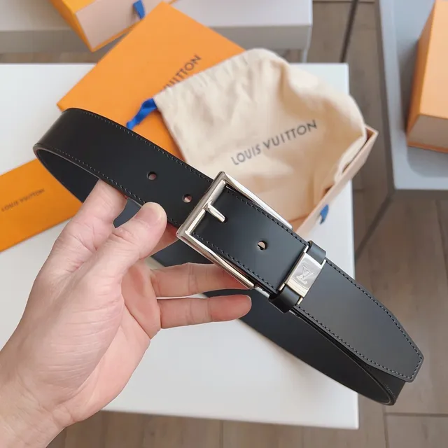 Louis Vuitton Black Silver Smooth Rectangular Buckle Leather Belt 3