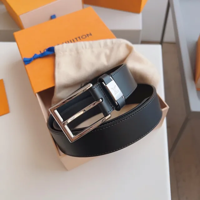 Louis Vuitton Black Silver Smooth Rectangular Buckle Leather Belt 9