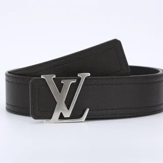Louis Vuitton Black Silver Textured Grain Interlocking LV Monogram Buckle Leather Belt