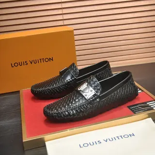 Louis Vuitton Black Silver Woven Leather Metal Buckle Loafer