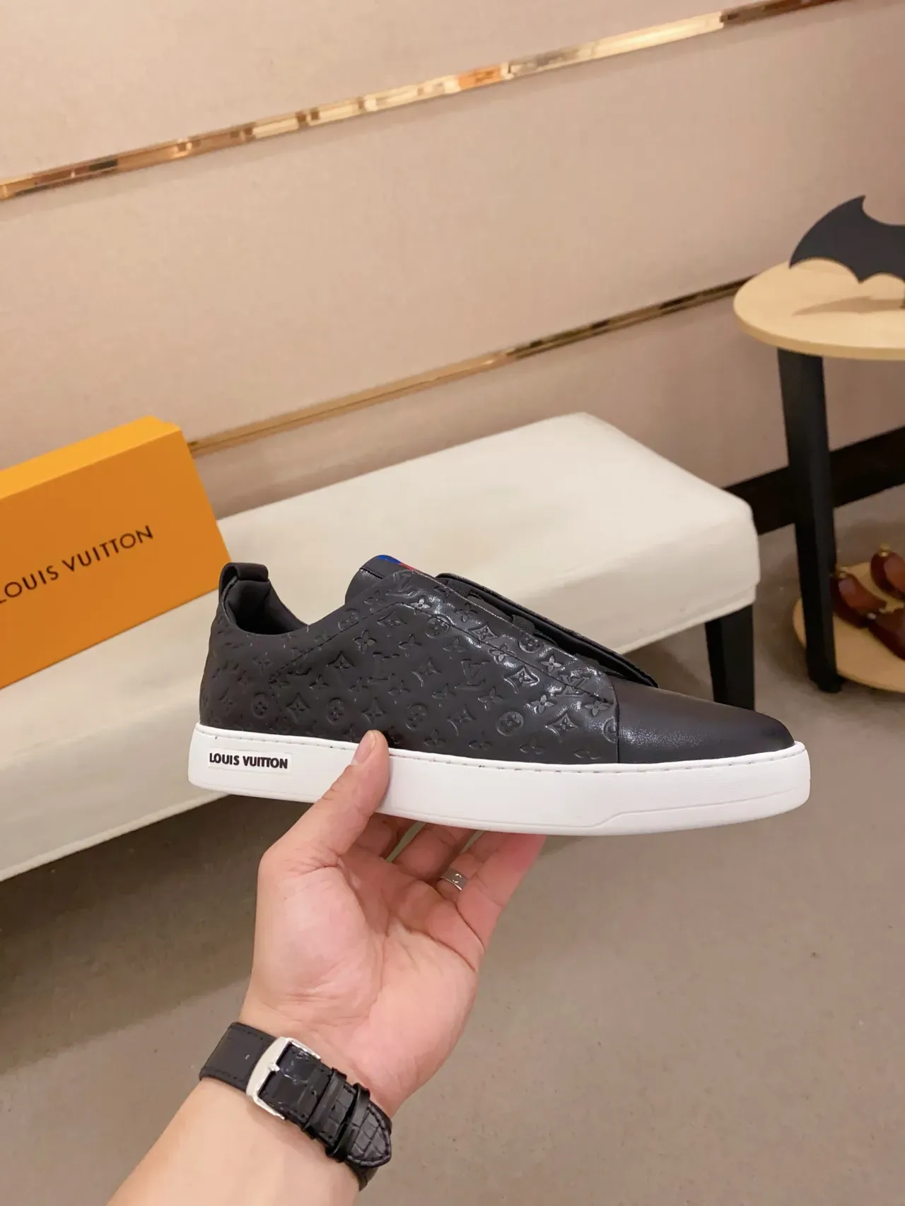 Louis Vuitton Black White Monogram-Embossed Upper Slip-On Construction Lifestyle Sneakers 4