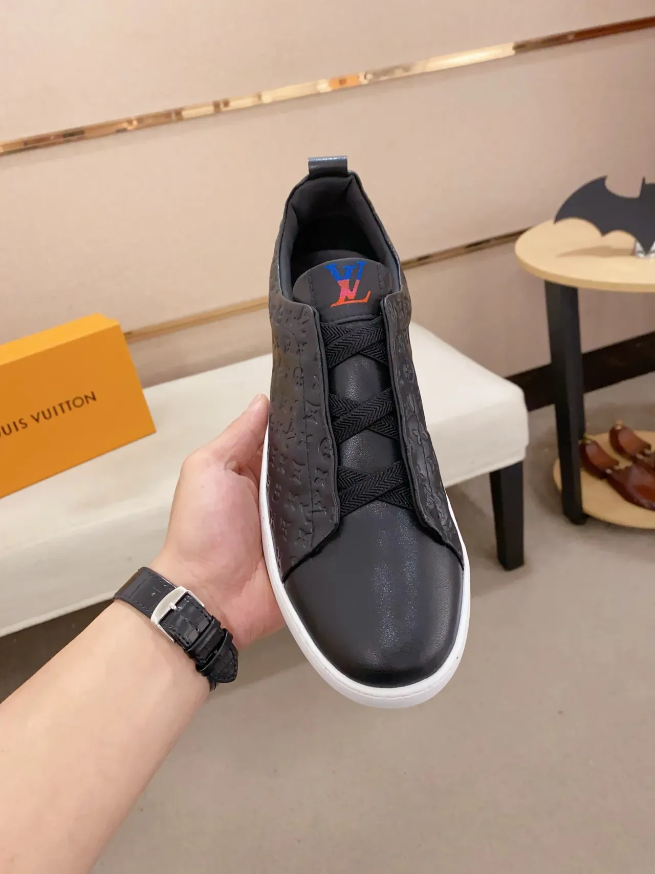 Louis Vuitton Black White Monogram-Embossed Upper Slip-On Construction Lifestyle Sneakers 5