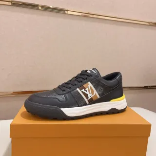 Louis Vuitton Black Yellow Embossed Monogram Leather Side Stripe Logo Lifestyle Sneakers