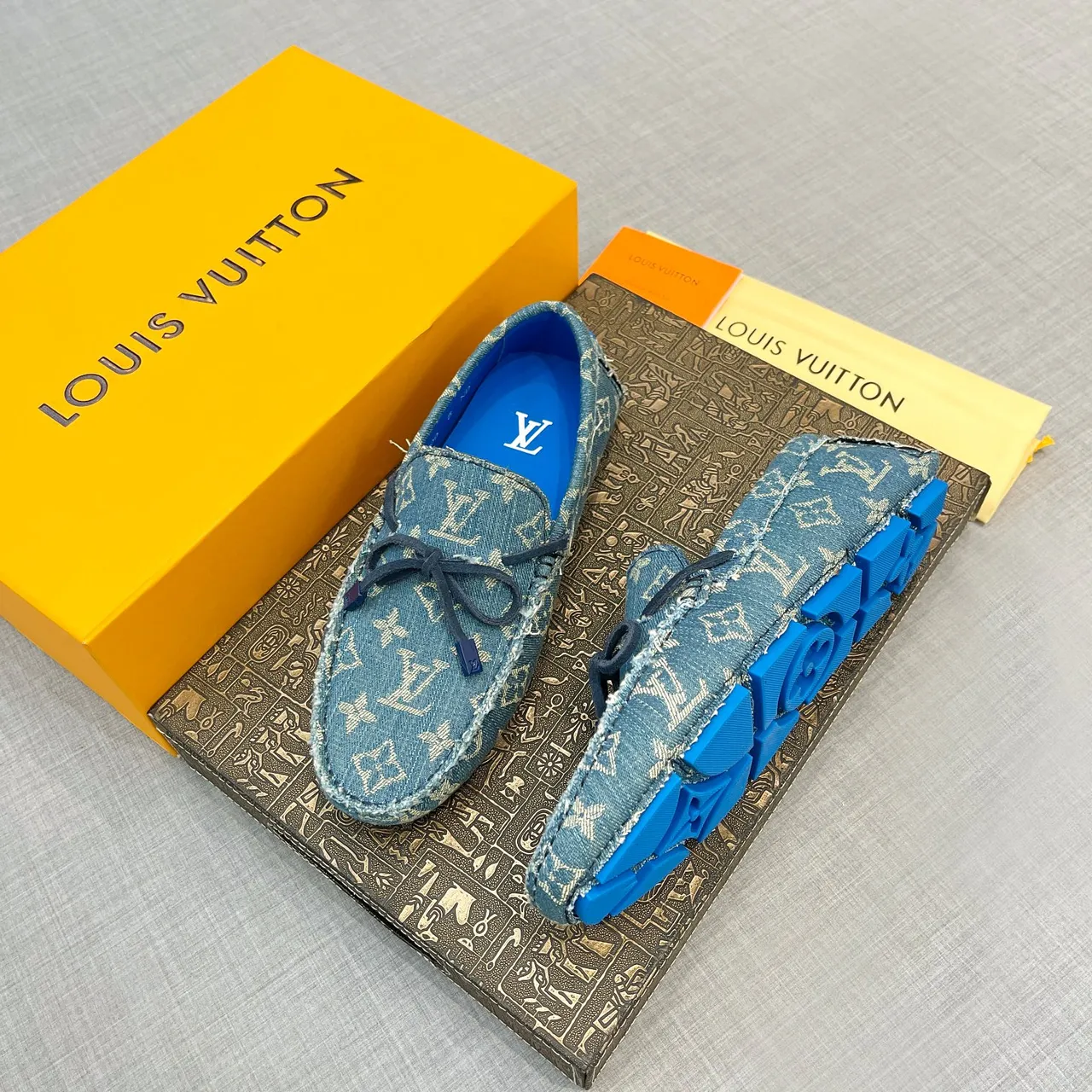Louis Vuitton Blue Beige Denim Jacquard Monogram Print Loafer 4
