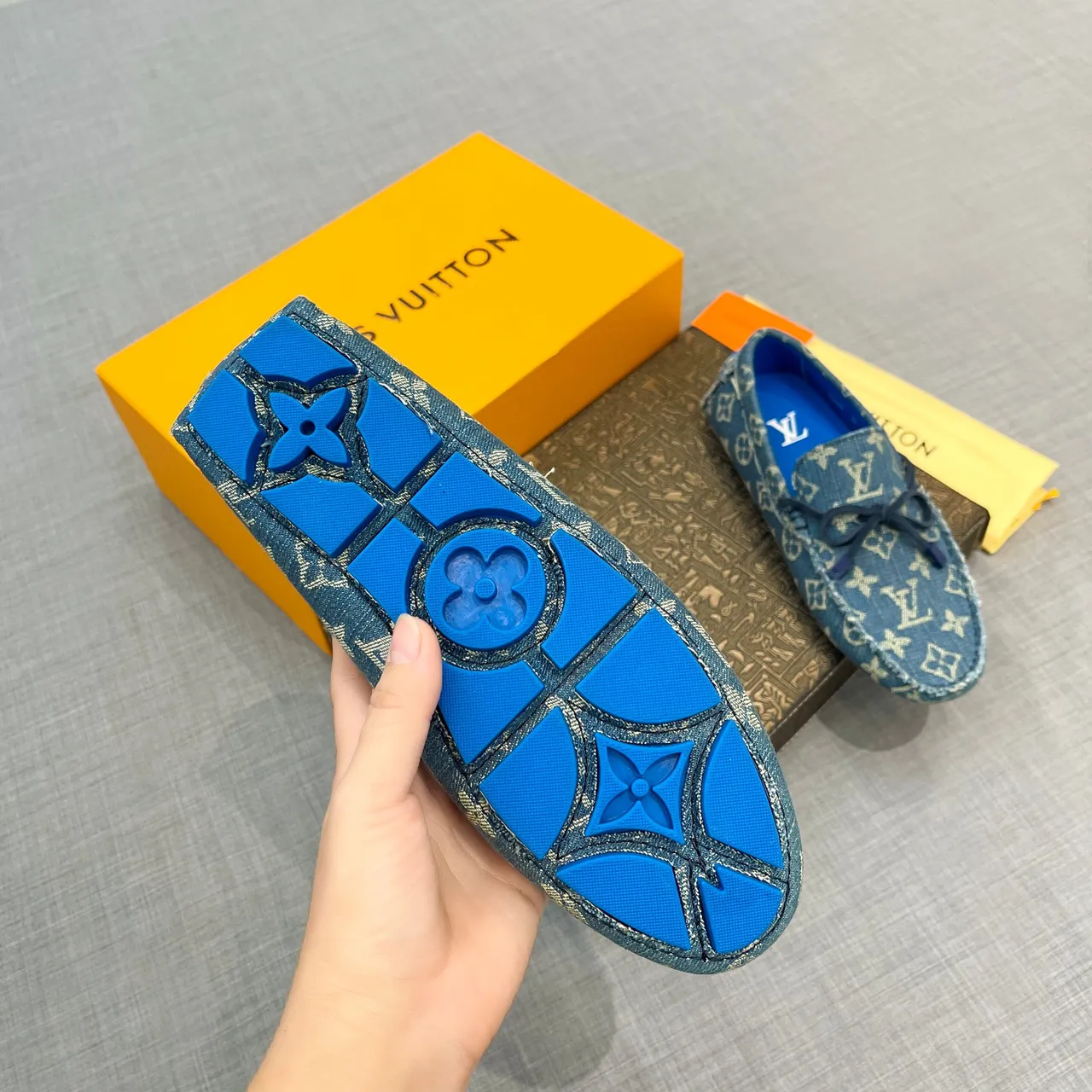 Louis Vuitton Blue Beige Denim Jacquard Monogram Print Loafer 5