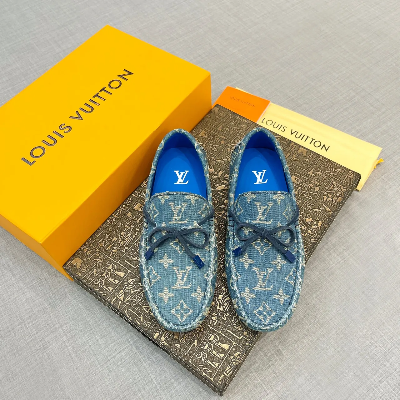 Louis Vuitton Blue Beige Denim Jacquard Monogram Print Loafer 6