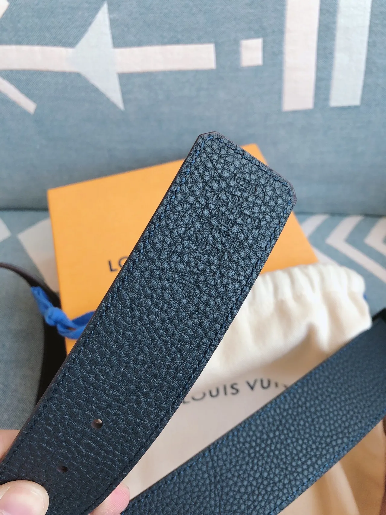 Louis Vuitton Blue Black Pebbled Sculpted Monogram Buckle Leather Belt 6