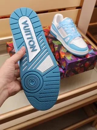 Louis Vuitton Blue White Layered Leather And Synthetic Construction Embossed Monogram Panels Lifestyle Sneakers 2