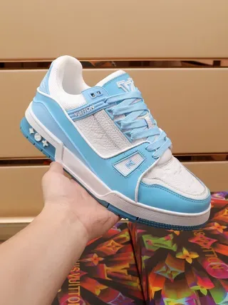 Louis Vuitton Blue White Layered Leather And Synthetic Construction Embossed Monogram Panels Lifestyle Sneakers 3