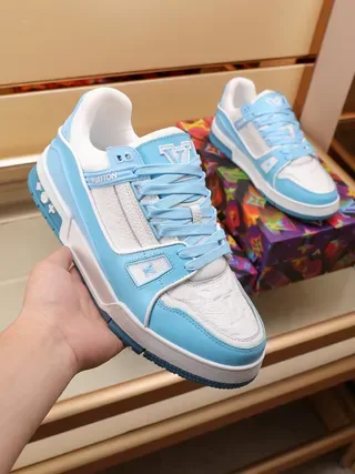 Louis Vuitton Blue White Layered Leather And Synthetic Construction Embossed Monogram Panels Lifestyle Sneakers 4
