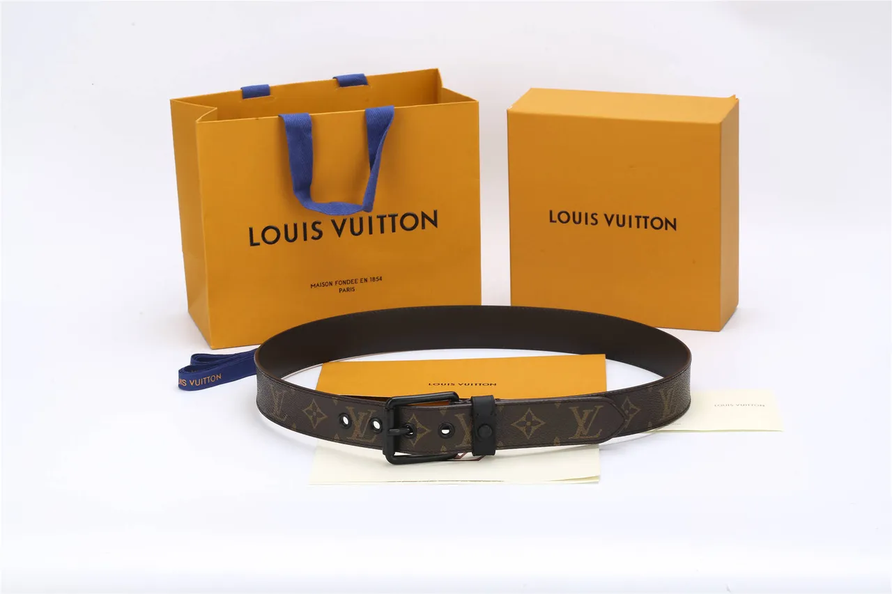 Louis Vuitton Brown Black Monogram-Coated Canvas Matte Metal Buckle Leather Belt 2