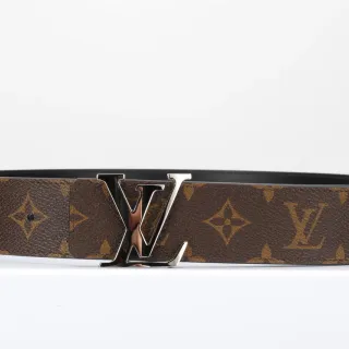 Louis Vuitton Brown Black Monogram-Coated Canvas Polished Silver-Tone LV Buckle Leather Belt
