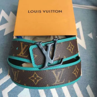 Louis Vuitton Brown Blue Monogram Canvas Turquoise Trim Leather Belt