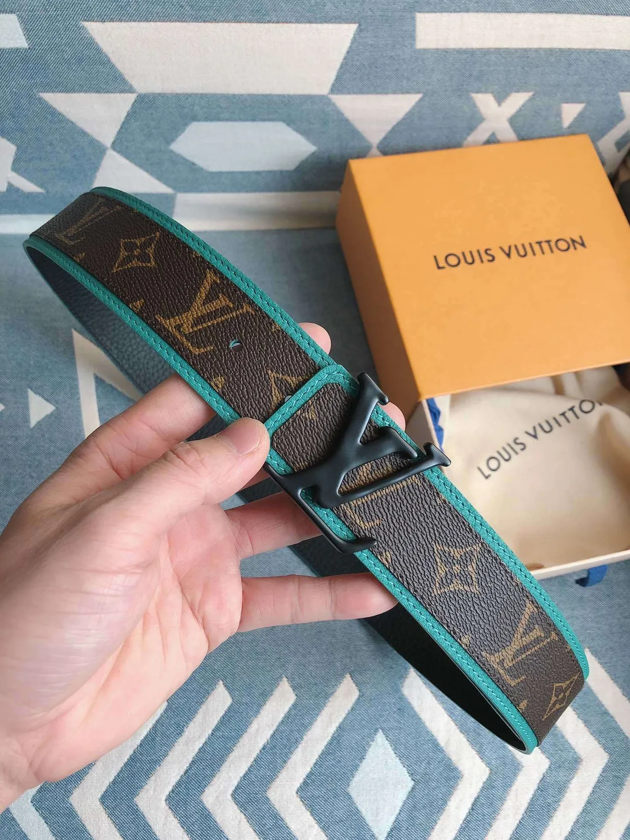 Louis Vuitton Brown Blue Monogram Canvas Turquoise Trim Leather Belt 2