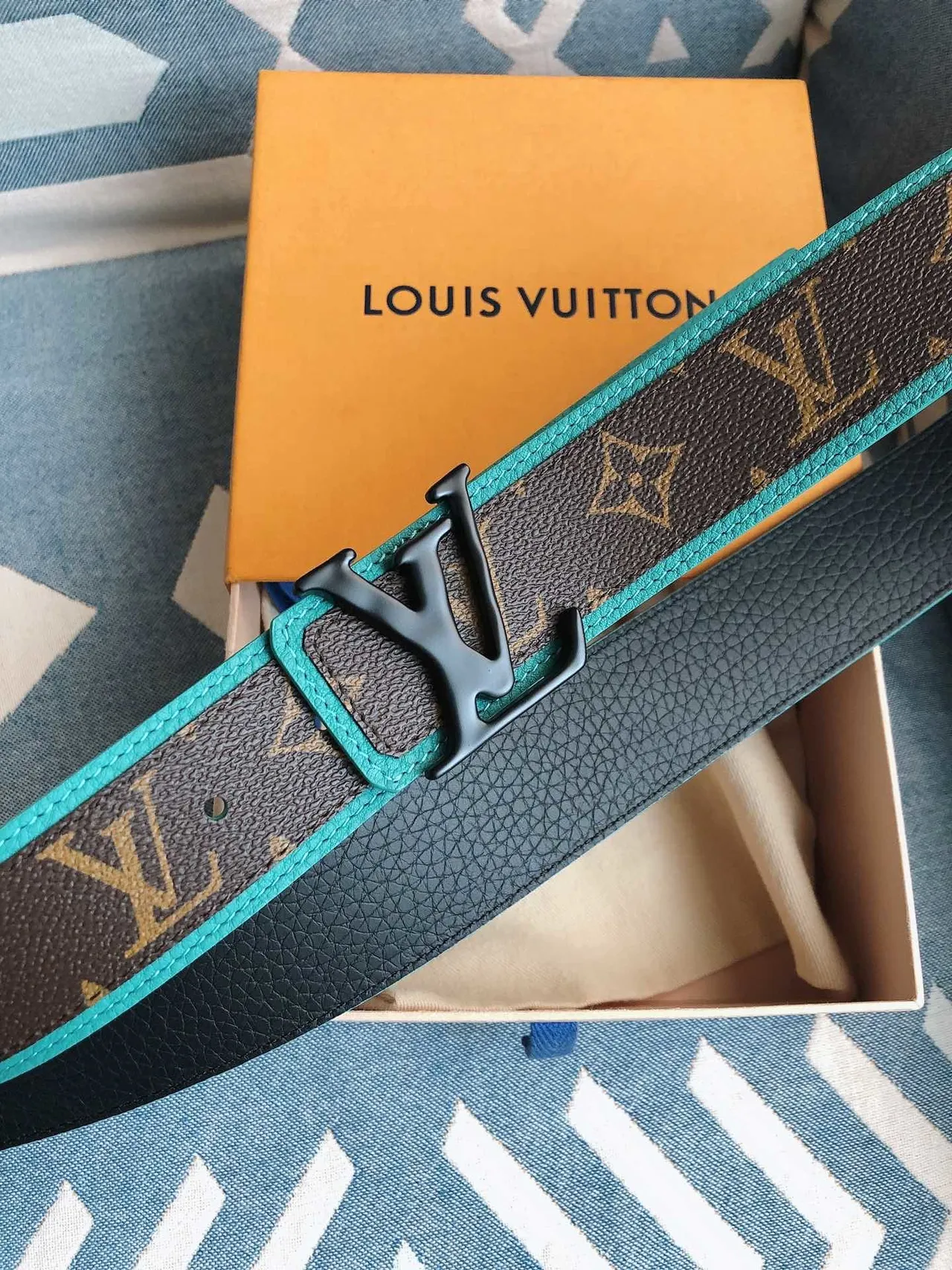Louis Vuitton Brown Blue Monogram Canvas Turquoise Trim Leather Belt 3