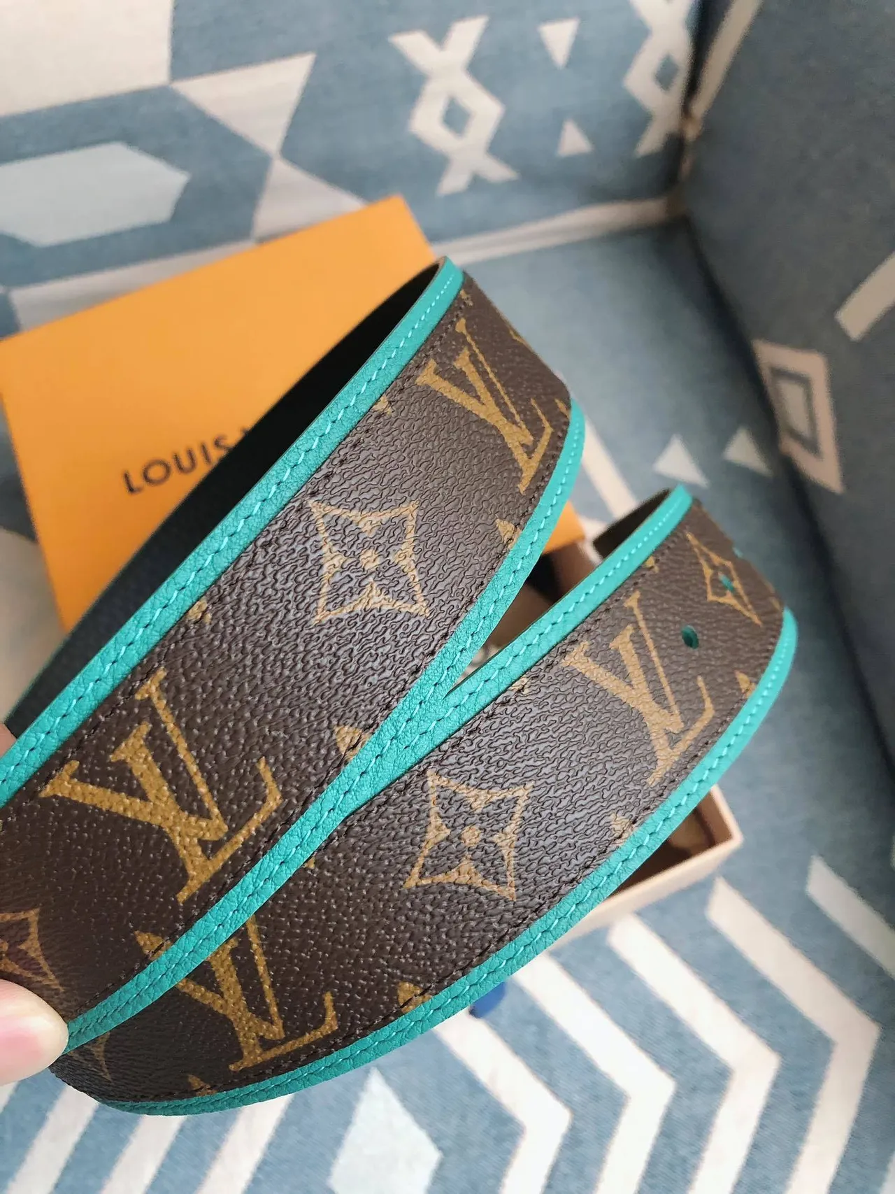 Louis Vuitton Brown Blue Monogram Canvas Turquoise Trim Leather Belt 4