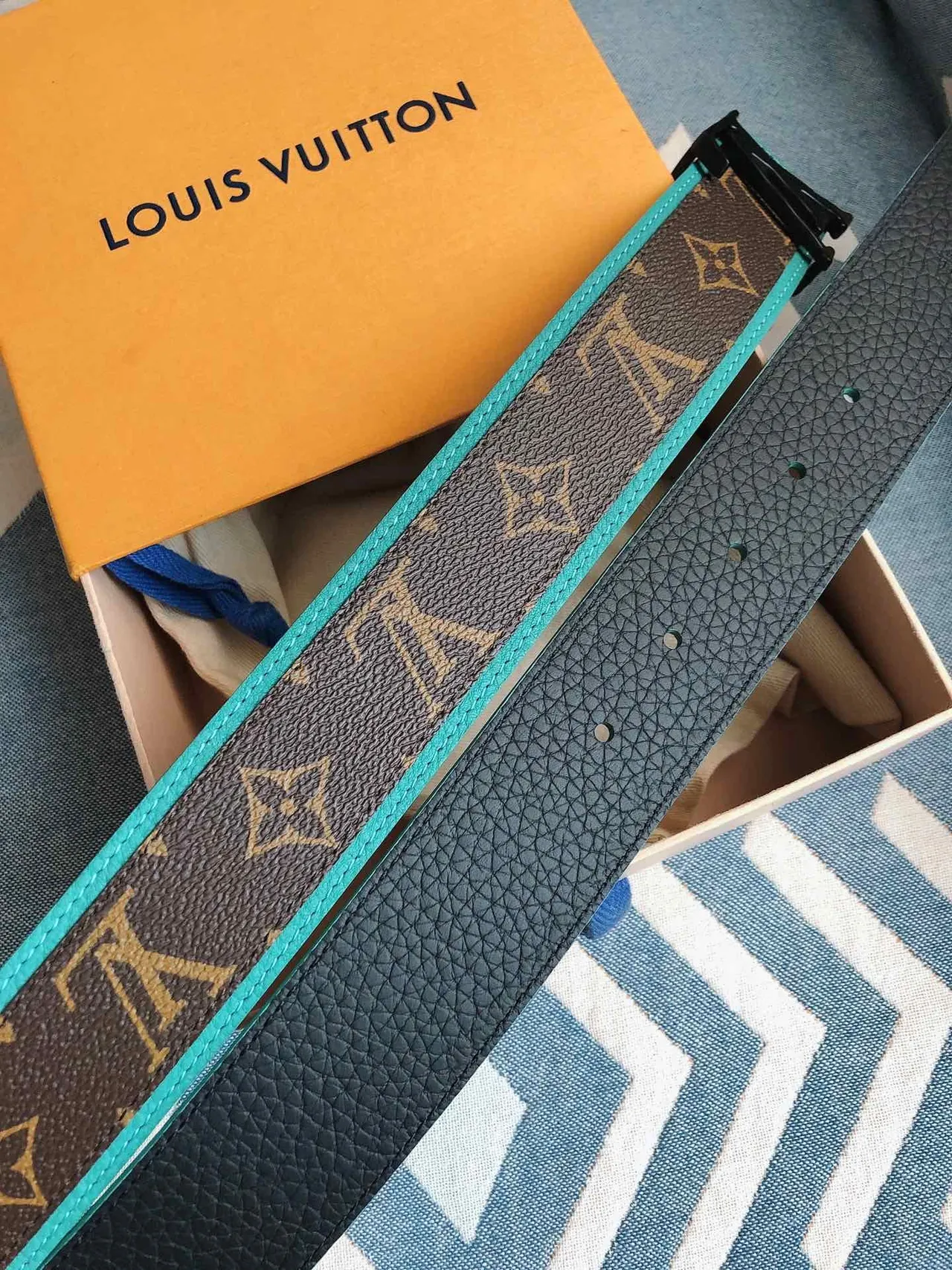 Louis Vuitton Brown Blue Monogram Canvas Turquoise Trim Leather Belt 5