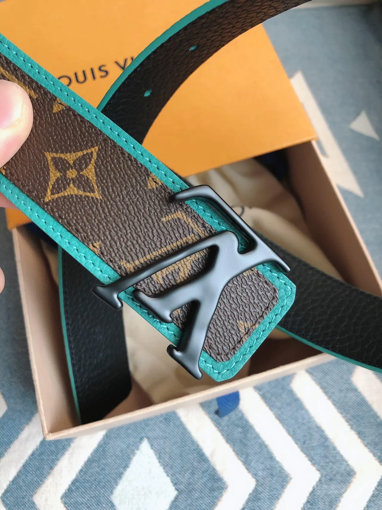 Louis Vuitton Brown Blue Monogram Canvas Turquoise Trim Leather Belt 7