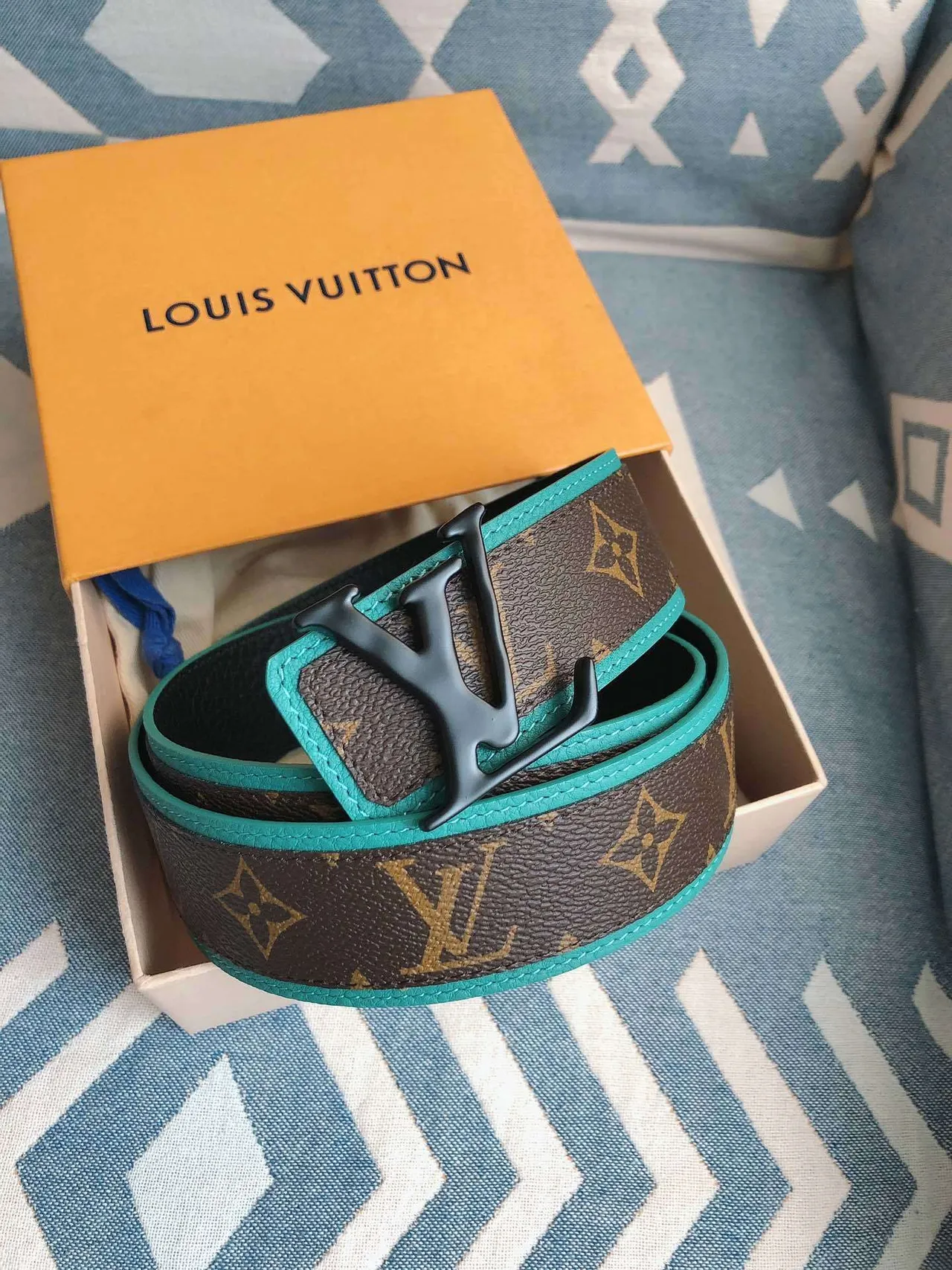 Louis Vuitton Brown Blue Monogram Canvas Turquoise Trim Leather Belt 8