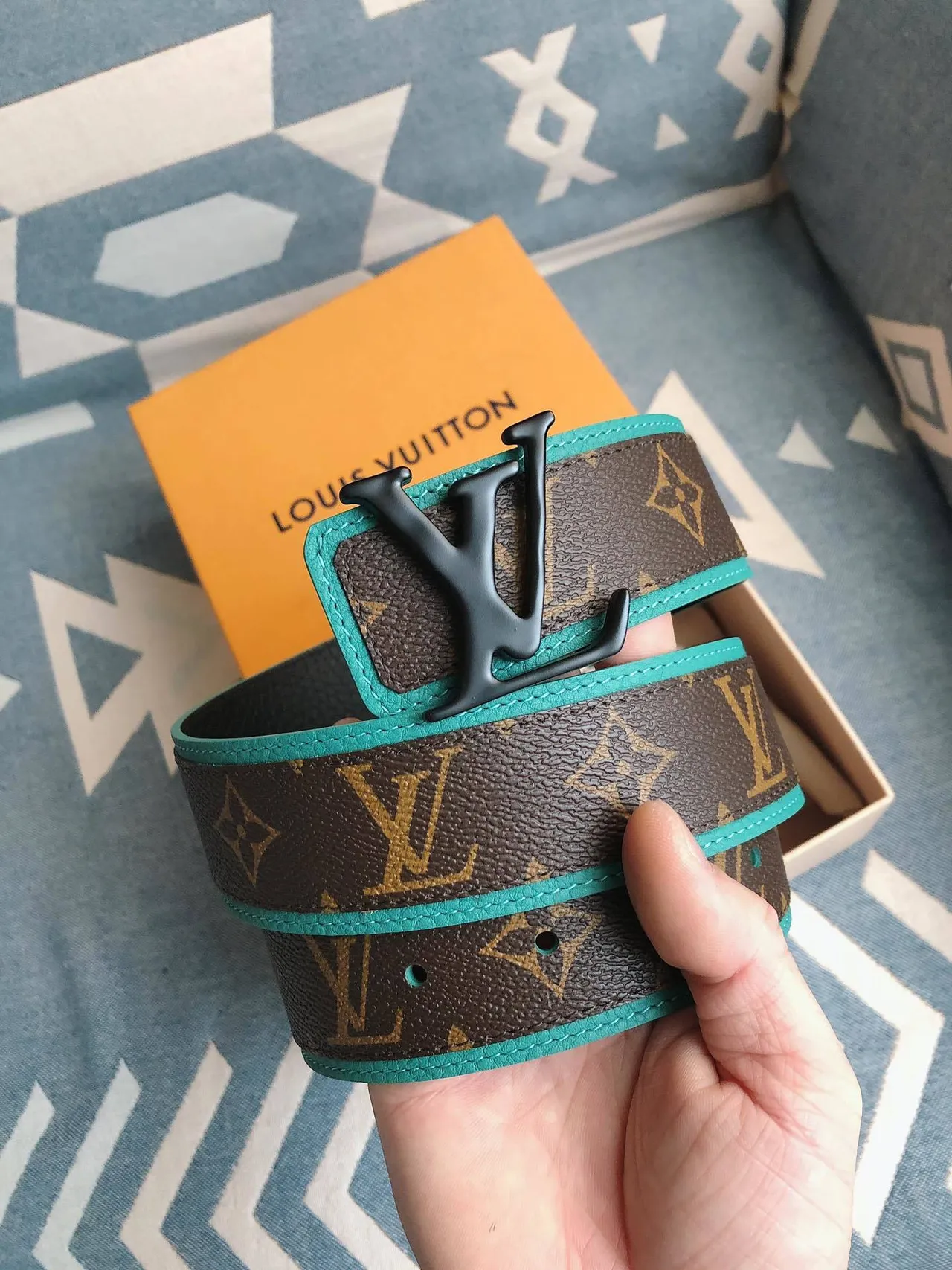 Louis Vuitton Brown Blue Monogram Canvas Turquoise Trim Leather Belt 9