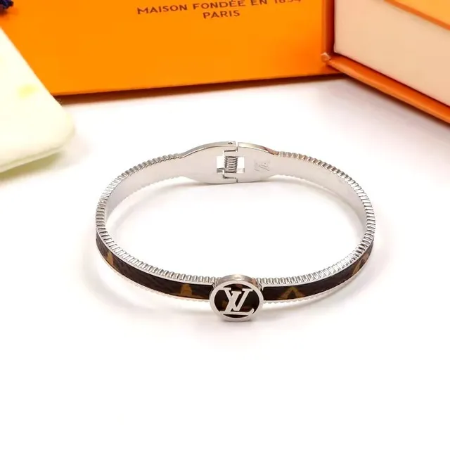 Louis Vuitton Brown Gold Hinged Bangle Monogram-Coated Band Bracelet 3