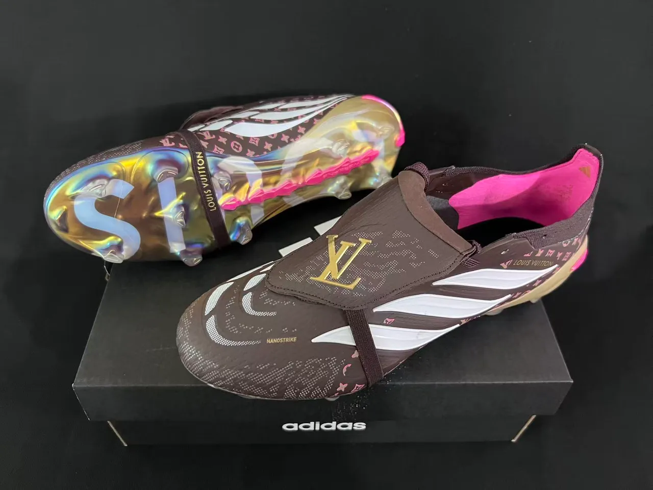 Louis Vuitton Brown Pink Low-Cut Football Boot Monogram-Printed Upper Firm-Ground Soccer Shoes 9