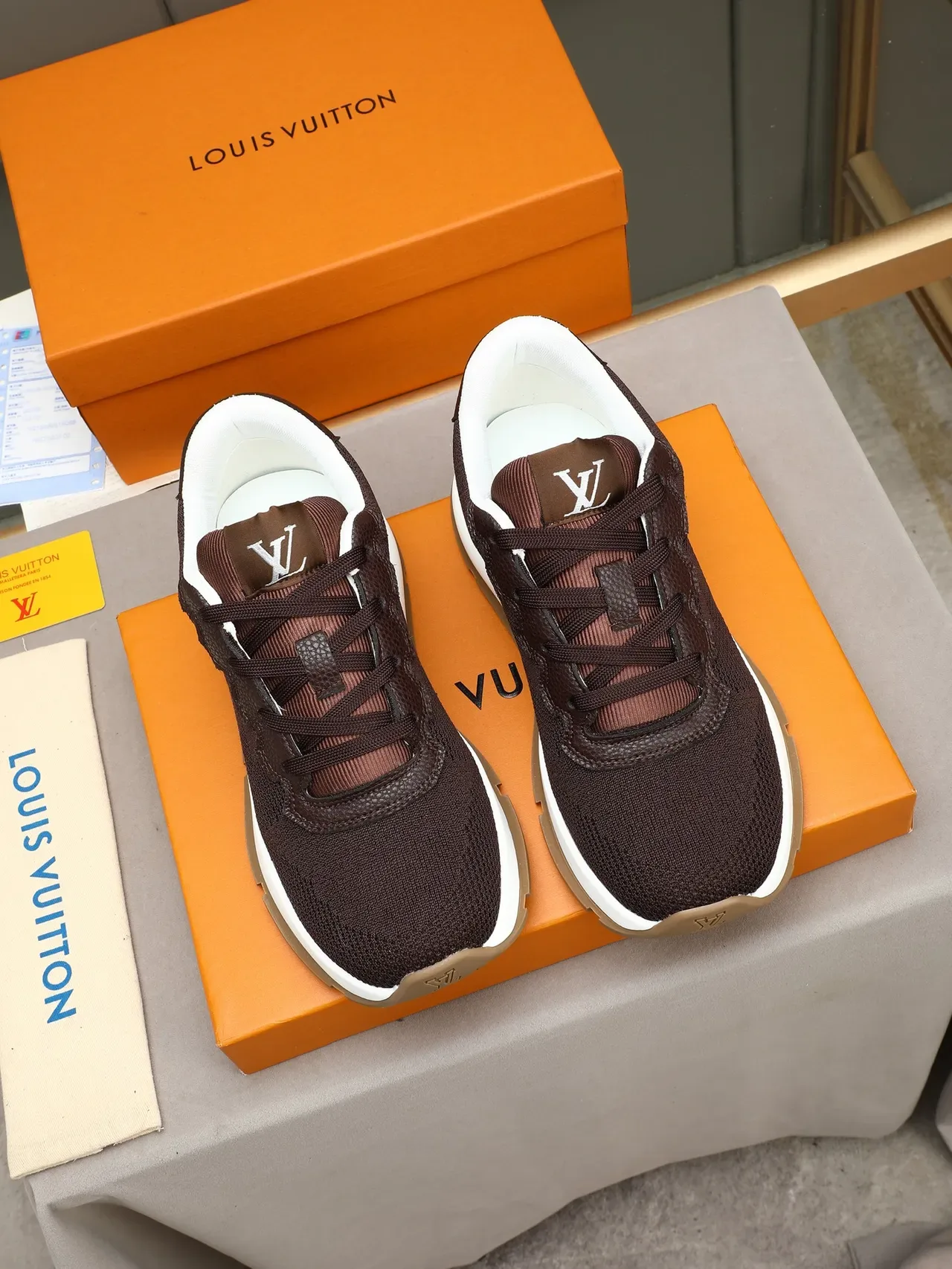 Louis Vuitton ব্রাউন হোয়াইট নিট আপার পেবল্ড লেদার এ্যাকসেন্ট লাইফস্টাইল স্নিকার 2