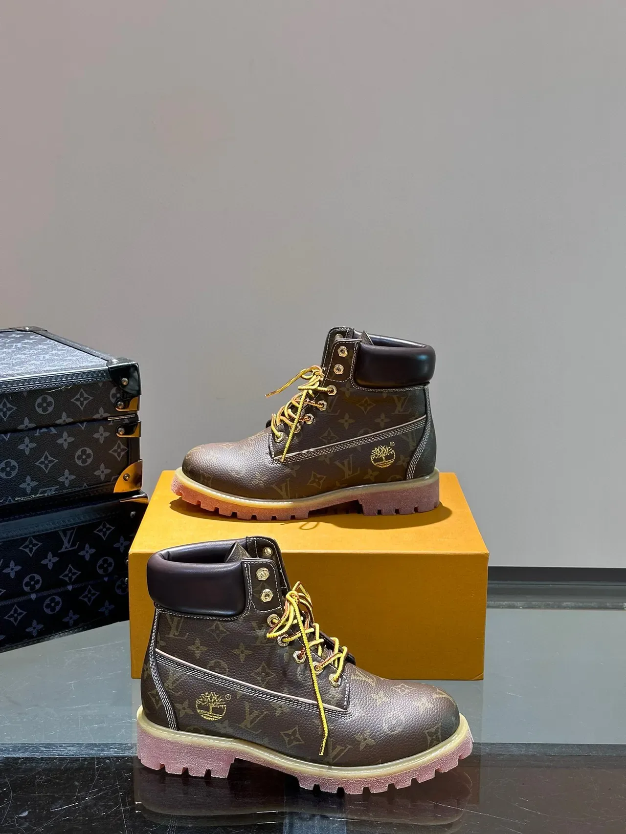 Louis Vuitton Brown Yellow Monogram Canvas Laces Work Boots 7