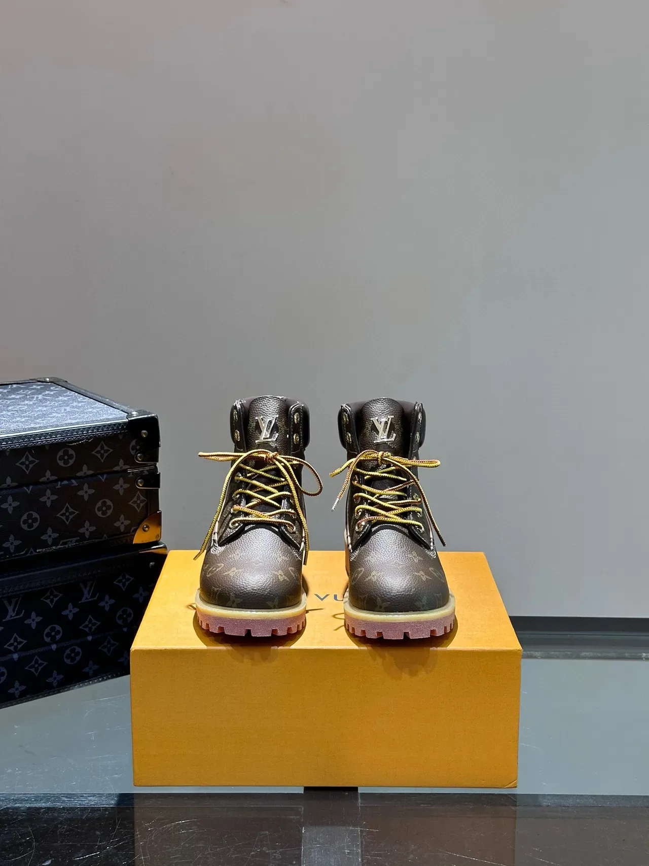 Louis Vuitton Brown Yellow Monogram Canvas Laces Work Boots 9