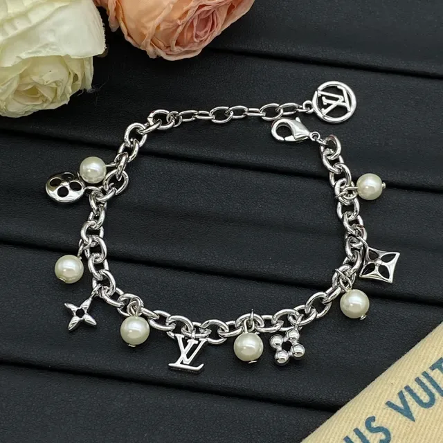 Louis Vuitton Charm Bracelet Gold and Silver Tone Pearl Turquoise Bead Bracelets 2