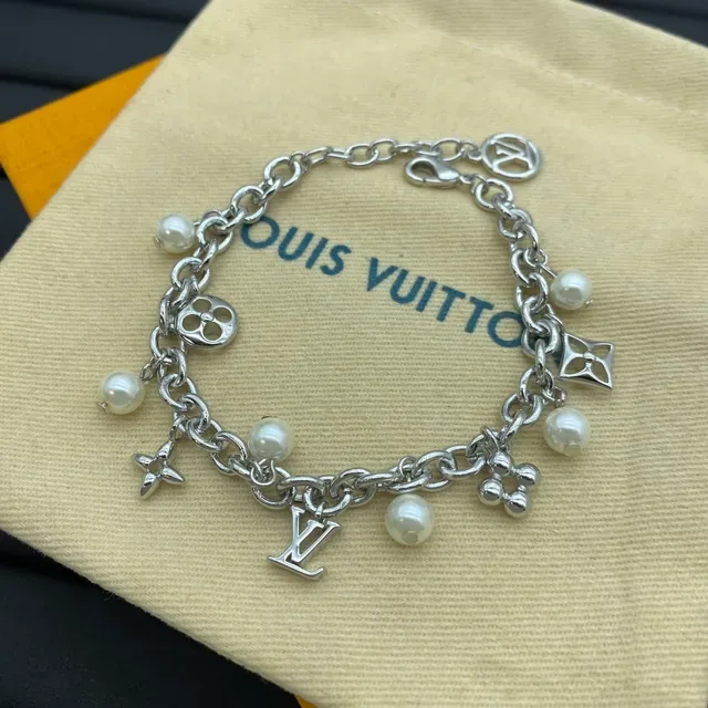 Louis Vuitton Charm Bracelet Gold and Silver Tone Pearl Turquoise Bead Bracelets 3