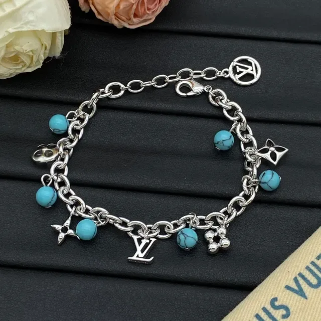 Louis Vuitton Charm Bracelet Gold and Silver Tone Pearl Turquoise Bead Bracelets 4