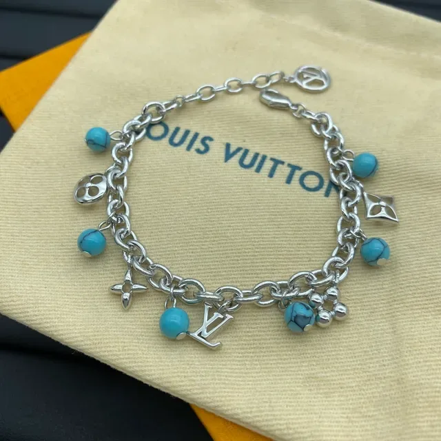 Louis Vuitton Charm Bracelet Gold and Silver Tone Pearl Turquoise Bead Bracelets 5