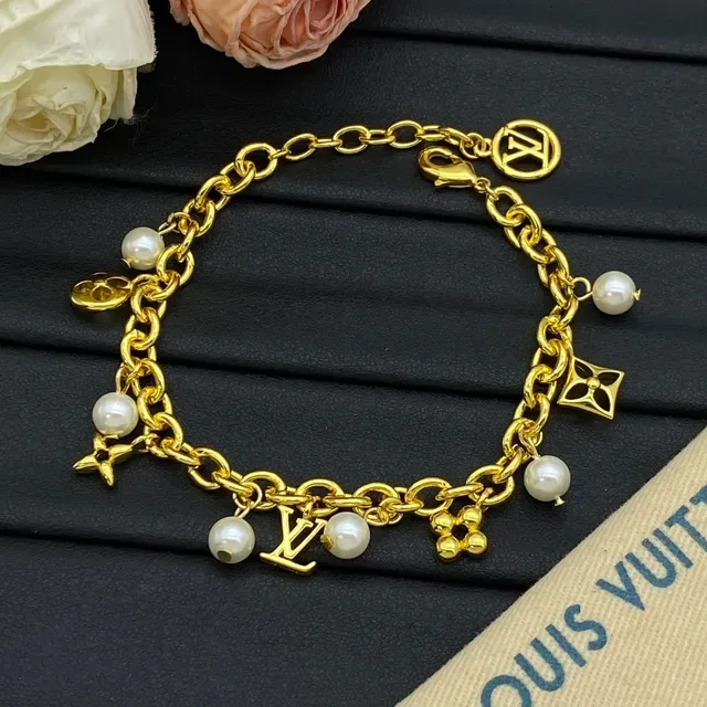 Louis Vuitton Charm Bracelet Gold and Silver Tone Pearl Turquoise Bead Bracelets 6