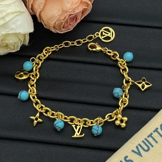 Louis Vuitton Charm Bracelet Gold and Silver Tone Pearl Turquoise Bead Bracelets 8
