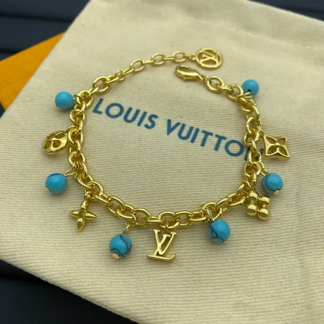Louis Vuitton Charm Bracelet Gold and Silver Tone Pearl Turquoise Bead Bracelets 9