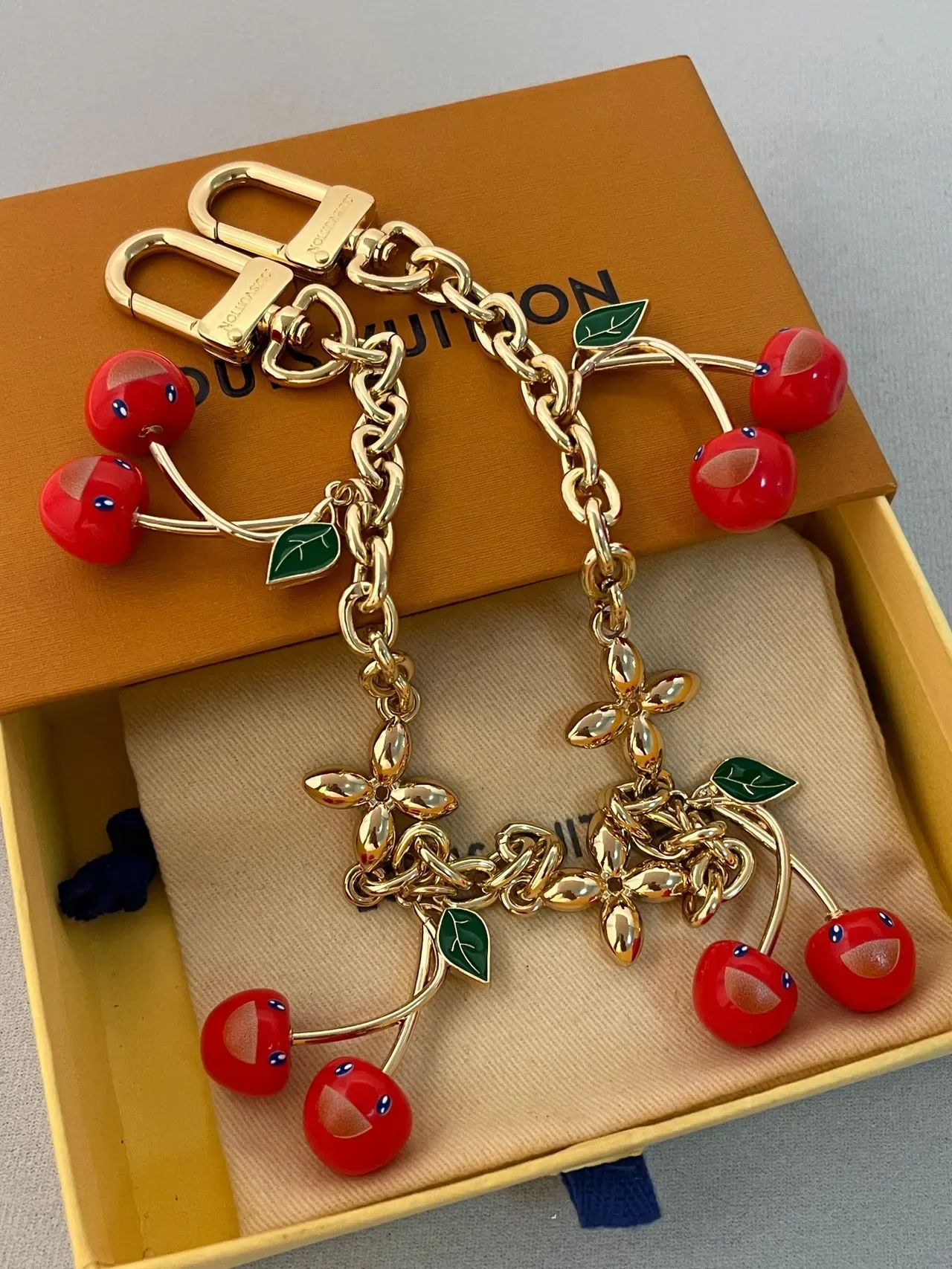 Louis Vuitton Cherry Charm Chain Gold Red Necklace 4
